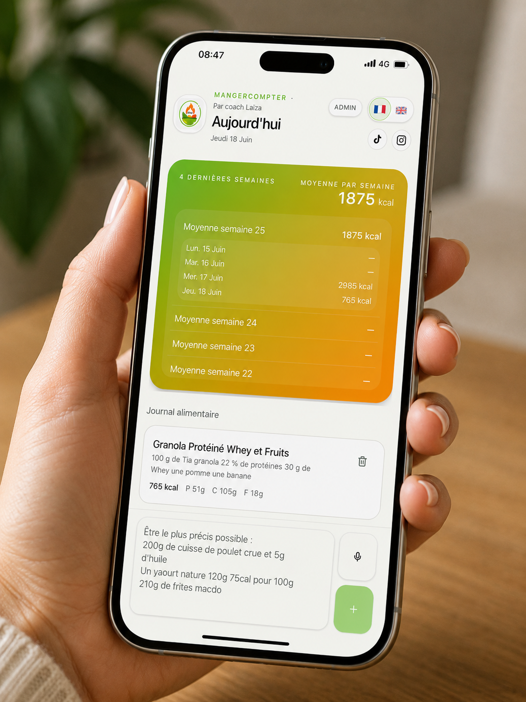 Historique des calories dans l’application